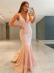 Evening Dresses 2041, Sheath/Column V-neck Sweep Train Velvet Sequins Prom Dresses