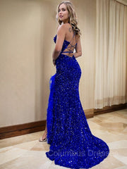 Prom Dress Champagne, Sheath/Column V-neck Sweep Train Velvet Sequins Prom Dresses With Leg Slit