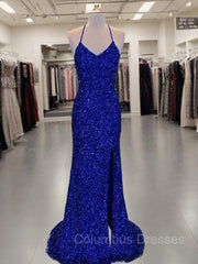 Party Dress Sleeves, Sheath/Column V-neck Sweep Train Velvet Sequins Prom Dresses With Leg Slit