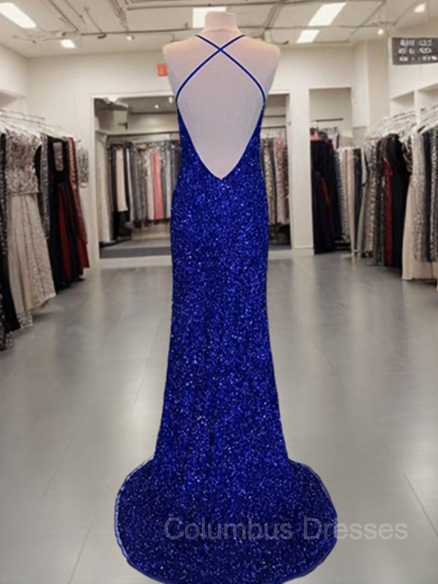 Party Dresses Sleeves, Sheath/Column V-neck Sweep Train Velvet Sequins Prom Dresses With Leg Slit