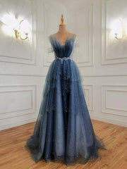 Party Dresses Online Shopping, Shiny Blue Beaded Puffy Long Prom Dresses, Blue Beaded Long Formal Graduation Dresses