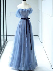 Prom Dresses Black Girls, Shiny Off the Shoulder Blue Tulle Prom Dresses, Blue Long Formal Evening Dresses