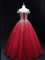 Emerald Green Prom Dress, Shiny Red Sequins Pretty Long Formal Dress, Dark Red Sweet 16 Dresses