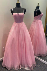 Grad Dress, Shiny Tulle Open Back Long Prom Dress, Long Tulle Formal Graduation Evening Dress