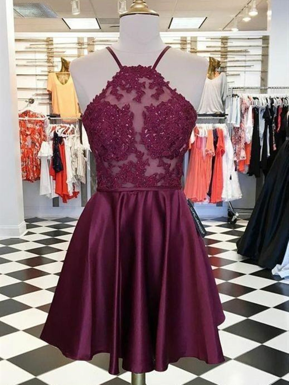 Prom Dress Spring, Short Burgundy Lace Prom Dresses, Burgundy Lace Formal Homecoming Graduation Dresses