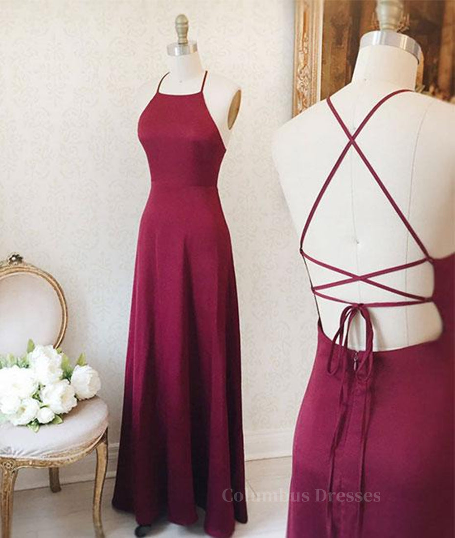 Prom Dress Ideas Unique, Simple A Line Backless Burgundy Satin Long Prom Dresses, Burgundy Formal Dresses, Burgundy Evening Dresses