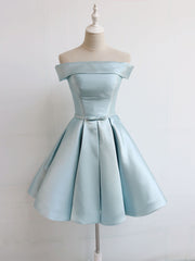 Evening Dress Shops Near Me, Simple A-Line Satin Blue Short Prom Dress, Blue Satin Homecoming Dress