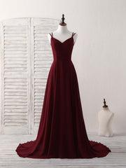 Wedding Theme, Simple Burgundy Chiffon Long Prom Dress Backless Evening Dress