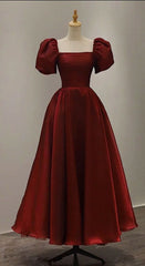 Formal Dresses Shops, Simple Burgundy Prom Dress Square Neck Tea Length Graduation Dresses