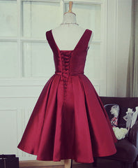 Formal Dresses Outfit Ideas, Simple Burgundy V Neck Short Prom Dress, Burgundy Evening Dress