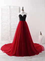 Grad Dress, Simple Sweetheart Burgundy Tulle Long Prom Dress, Evening Dress