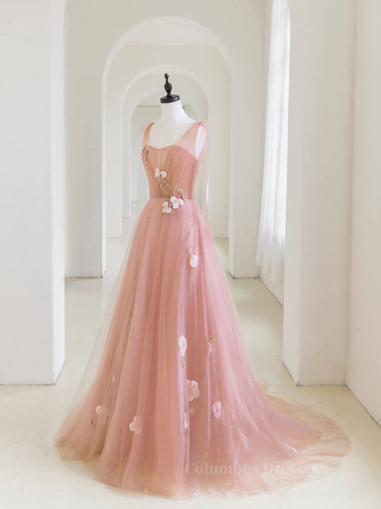 Party Dresses Glitter, Simple v neck pink tulle long prom dress, pink evening dress