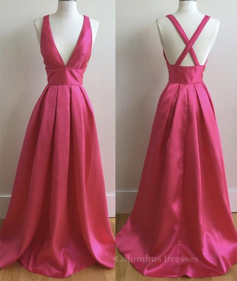 Homecoming Dresses Business Casual Outfits, Simple V Neck Pleated Satin Long Prom Dresses, V Neck Evening Dresses, Formal Dresses, Graduation Dresses