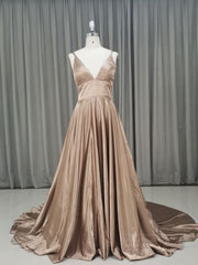 Bridesmaid Dress Idea, Simple v neck satin champagne long prom dress champagne evening dress