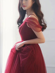 Wedding Theme, Simple V neck Tulle Burgundy Long Prom Dress, Burgundy Tulle Formal Dresses