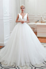 Wedding Dress Shopping Near Me, Simple White A Line V Neck Open Back Tulle Wedding Dresses