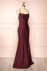 Prom Dress Sleeves, Burgundy Prom Dresses, Sheath/Column Scoop Neck Silk-like Satin Floor-length Ruffles Bridesmaid Dresses