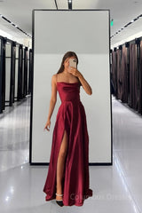 Spaghetti Straps Red Long Prom Dresses,Satin A-Line Evening Gown Long Prom Dress with Slit