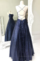 Bridesmaid Dresses Short, Sparkly Backless Navy Blue Long Prom Dresses, Open Back Long Navy Blue Formal Evening Dresses