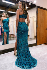 Sparkly Peacock Blue Sequins Mermaid One Shoulder Long Prom Dress with Slit