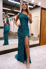 Sparkly Peacock Blue Sequins Mermaid One Shoulder Long Prom Dress with Slit