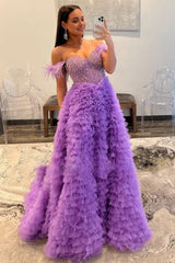 Sparkly Purple Beaded Long Prom Dress with Ruffles