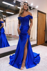 Sparkly Royal Blue Corset Detachable Neck Mermaid Long Prom Dress with Slit