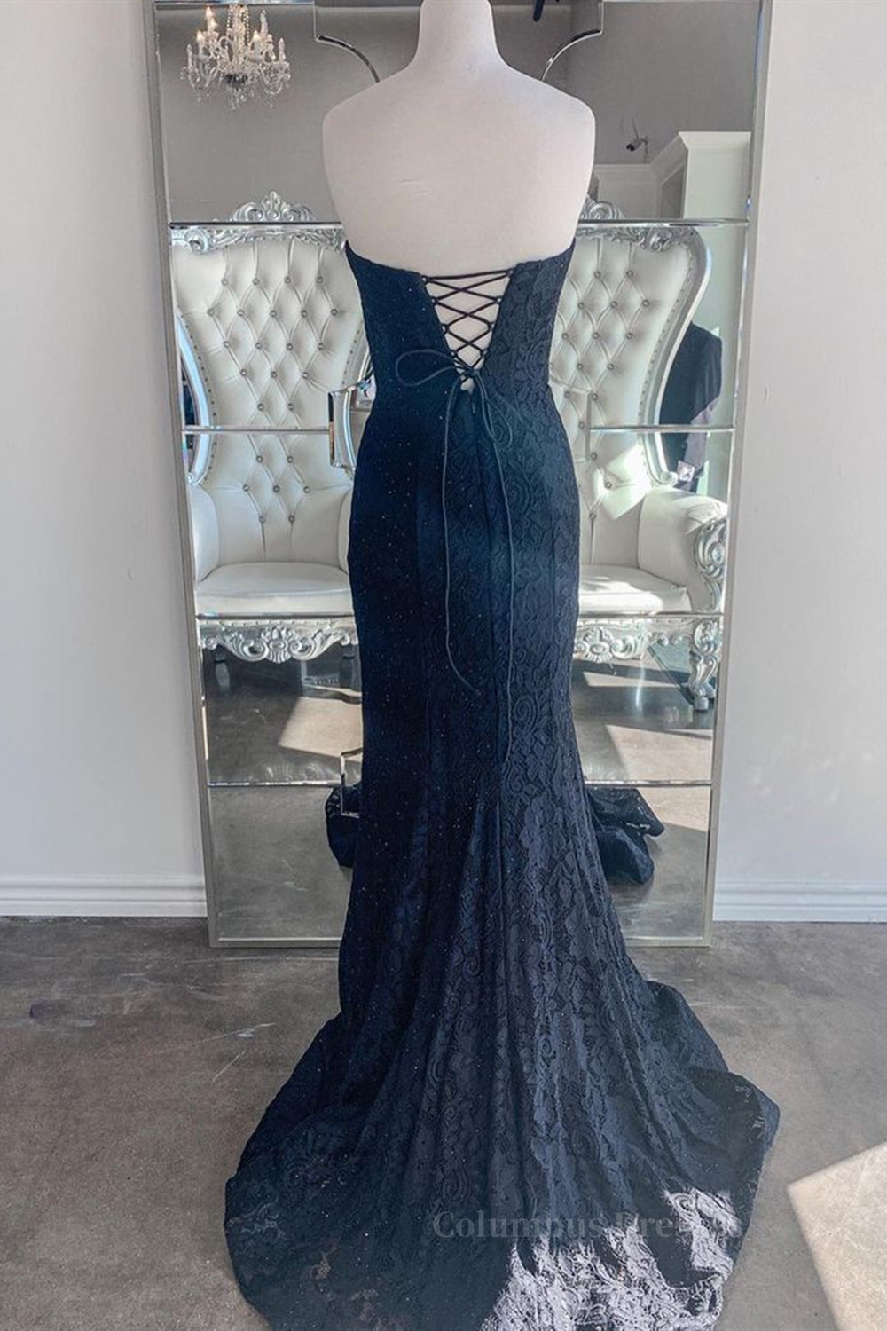 Party Dresses Teens, Strapless Mermaid Dark Blue Lace Long Prom Dresses, Mermaid Dark Blue Lace Formal Dresses, Dark Blue Lace Evening Dresses