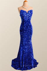 Bridesmaids Dresses White, Strapless Royal Blue Velvet Sequin Mermaid Party Dress