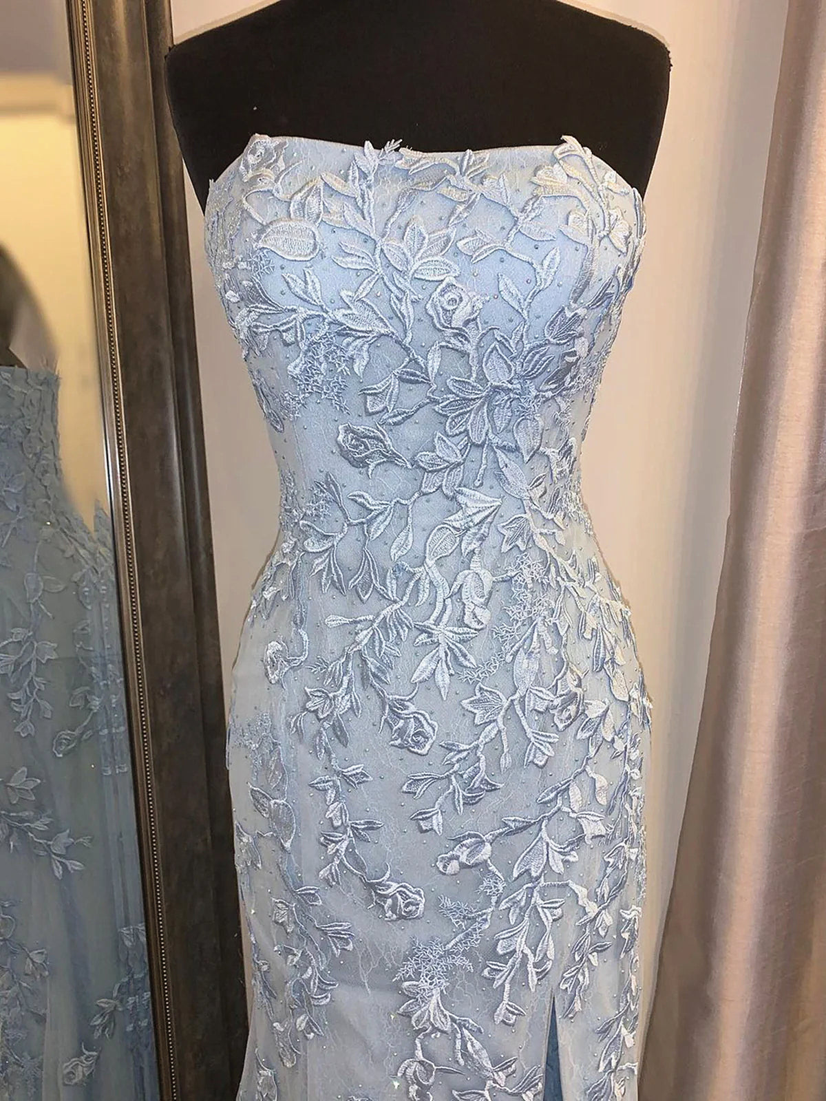 Party Dress Quick, Strapless Sky Blue Lace Mermaid Long Prom Dresses, Blue Lace Mermaid Formal Graduation Dresses