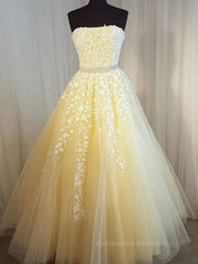 Black Lace Dress, Strapless Yellow Lace Long Prom Dresses, Yellow Lace Formal Evening Dresses