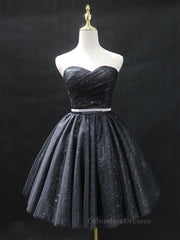 Prom Dresses Gowns, Sweetheart Neck Short Black Prom Dresses, Little Black Formal Evening Graduation Dresses