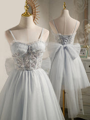 Party Dress Long Dress, Sweetheart Neck Short Gray Tulle Prom Dresses, Short Grey Tulle Formal Graduation Dresses