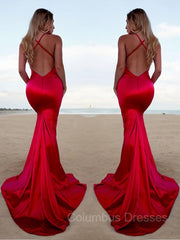 Party Dress Boho, Trumpet/Mermaid Halter Sweep Train Silk like Satin Prom Dresses With Leg Slit