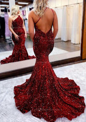 Evening Dresses Mermaid, Trumpet/Mermaid One-Shoulder Sleeveless Long/Floor-Length Velvet Sequins Prom Dress