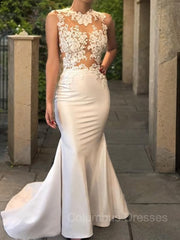 Wedding Dresses Beach, Trumpet/Mermaid Scoop Court Train Satin Wedding Dresses With Appliques Lace