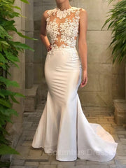 Wedding Dress A Line, Trumpet/Mermaid Scoop Court Train Satin Wedding Dresses With Appliques Lace