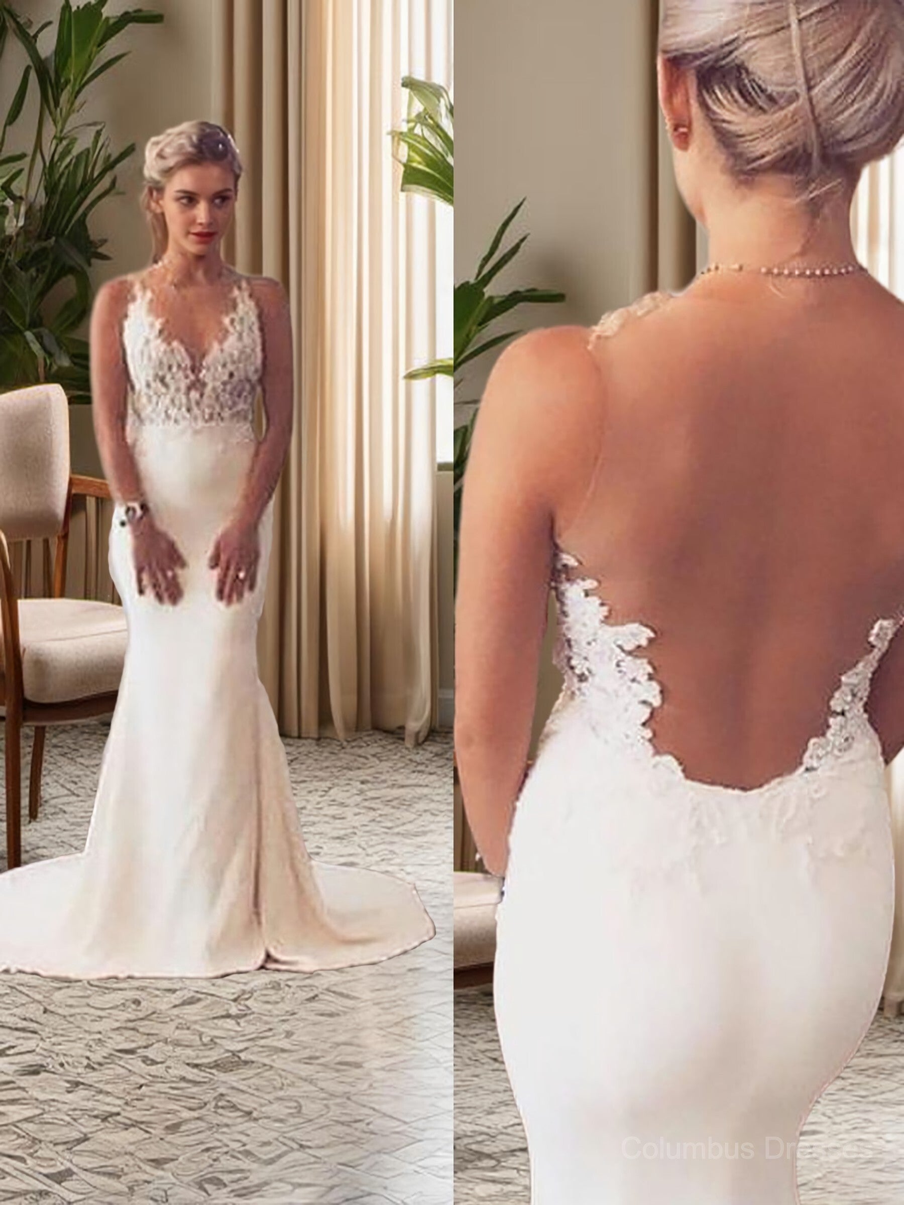 Wedding Dress Fitting, Trumpet/Mermaid Scoop Court Train Stretch Crepe Wedding Dresses With Leg Slit