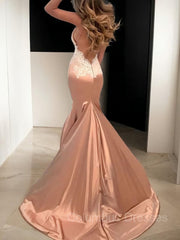 Party Dress Couple, Trumpet/Mermaid Straps Sweep Train Silk like Satin Prom Dresses