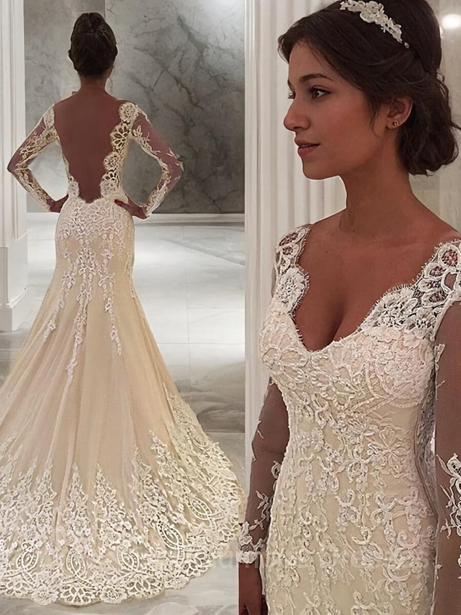 Wedding Dresses Chic, Trumpet/Mermaid V-neck Court Train Lace Wedding Dresses