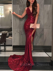 Party Dress Style, Trumpet/Mermaid V-neck Court Train Sequins Evening Dresses With Leg Slit