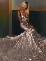 Homecoming Dress Formal, Trumpet/Mermaid V-neck Court Train Sequins Prom Dresses