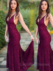 Party Dresses Shops, Trumpet/Mermaid V-neck Sweep Train Lace Evening Dresses