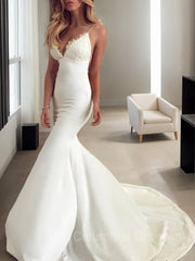 Wedding Dress Casual, Trumpet/Mermaid V-neck Sweep Train Stretch Crepe Wedding Dresses