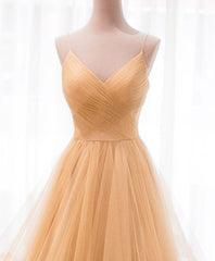 Evening Dresses Long Sleeve, Unique V Neck Tulle A-Line Long Prom Dress Tulle Formal Dress