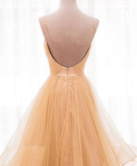 Evening Dress Long Sleeve, Unique V Neck Tulle A-Line Long Prom Dress Tulle Formal Dress