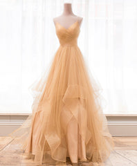 Evening Dresses Off The Shoulder, Unique V Neck Tulle A-Line Long Prom Dress Tulle Formal Dress