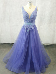 Prom Dress Different, Unique V Neck Tulle Lace Applique Long Prom Dress, Tulle Evening Dress