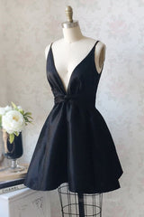 Evening Dresses Princess, V Neck and V Back Black Satin Short Prom Homecoming Dress, V Neck Black Formal Graduation Evening Dress, Black Cocktail Dress