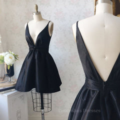 Evening Dresses Classy, V Neck and V Back Black Satin Short Prom Homecoming Dress, V Neck Black Formal Graduation Evening Dress, Black Cocktail Dress